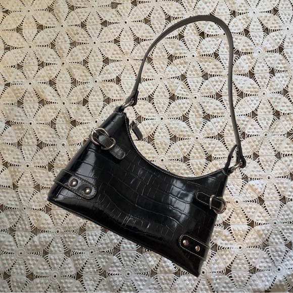 None Handbags - Small Black Vinyl Reptile Print Shoulder Bag